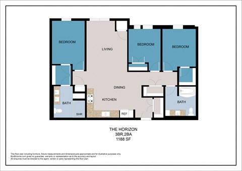 Floor plan for 3 beds, 2 baths, 1188 sqft